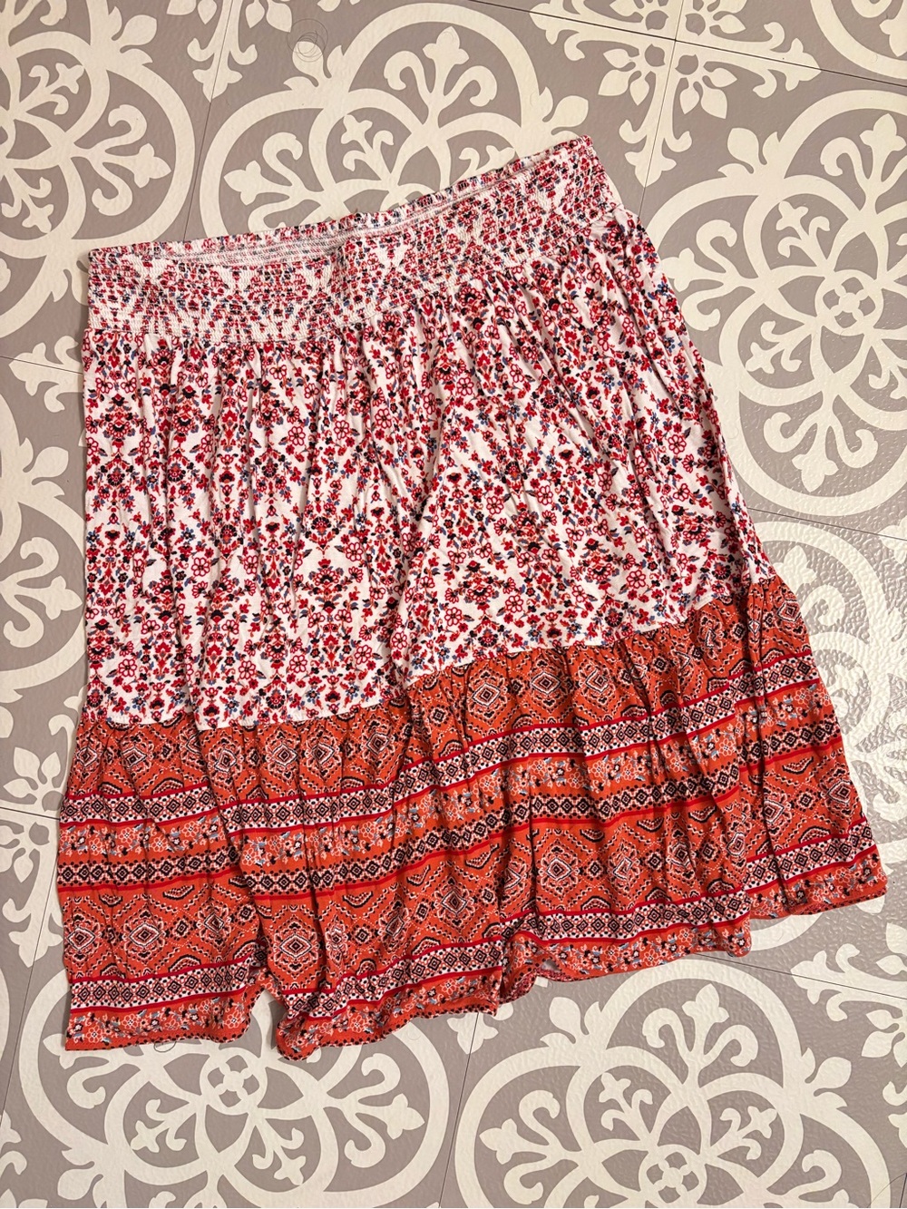 St. John's Bay || Floral Smocked Waist  Skirt - White with Red & Blue Floral